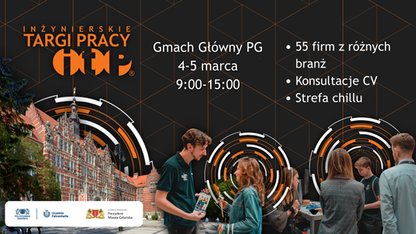 plakat informacyjny targów pracy ze zdjęciami osób przed Politechniką