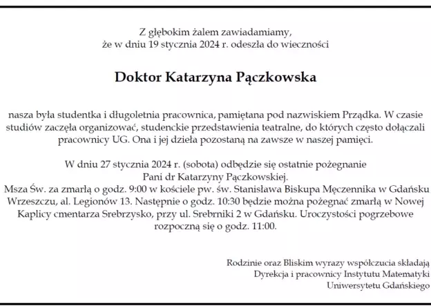 Z głębokim żalem zawiadamiamy, że w dniu 19 stycznia 2024 r. odeszła do wieczności   Doktor…