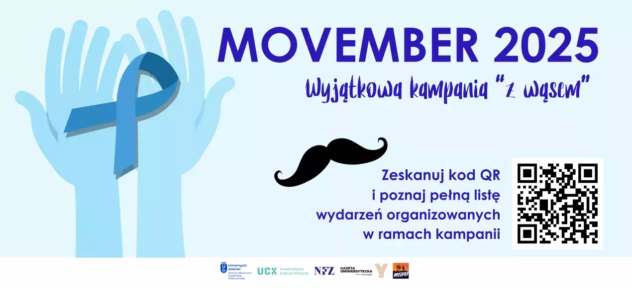 plakat Movember 2025 z dłońmi trzymającymi niebieską wstążkę i wąsami