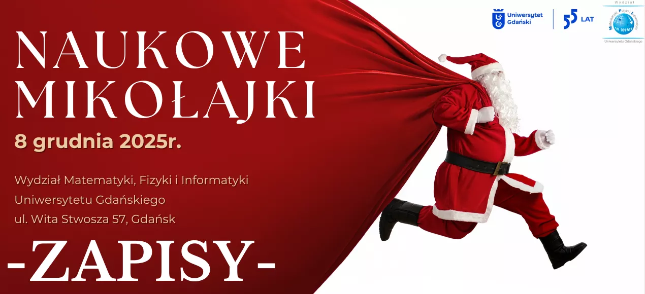 Święty Mikołaj ciągnący worek, na którym umieszczone są informacje o wydarzeniu