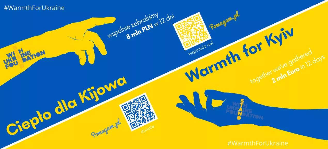 wyciągnięte do siebie ręce i informacje o zbiórce w kolorach ukraińskiej flagi