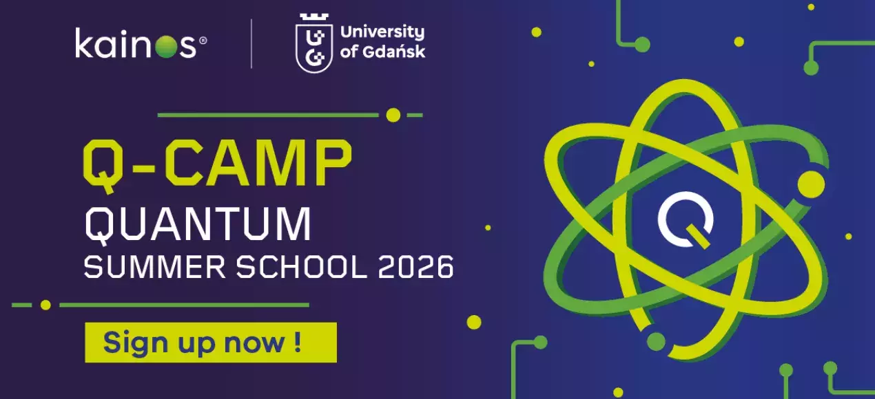 informacja o Q-Camp z grafiką atomu